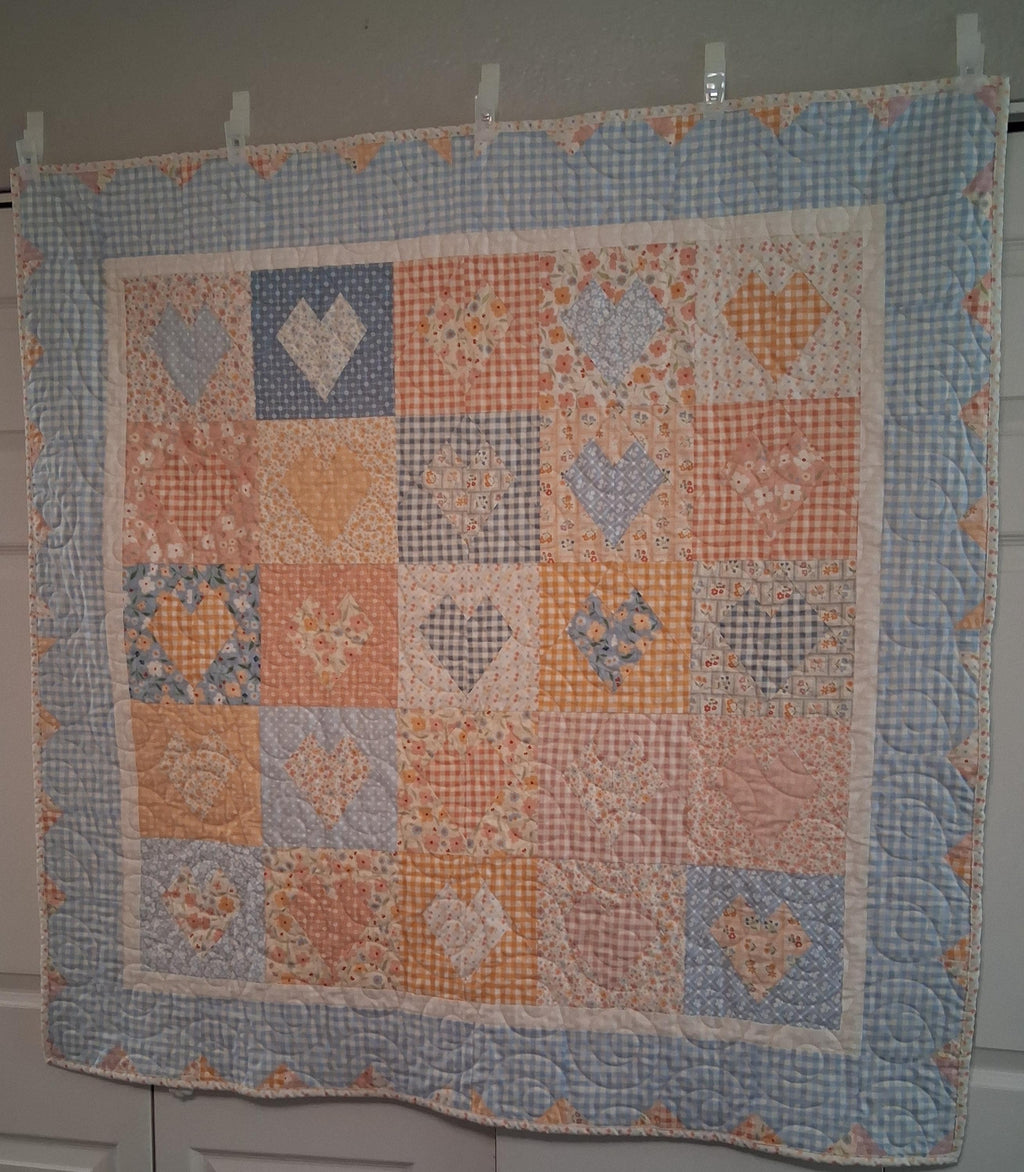 Delicate Heart Handmade Baby Quilt 100% Cotton Fabric (50" x 50") (Blue)