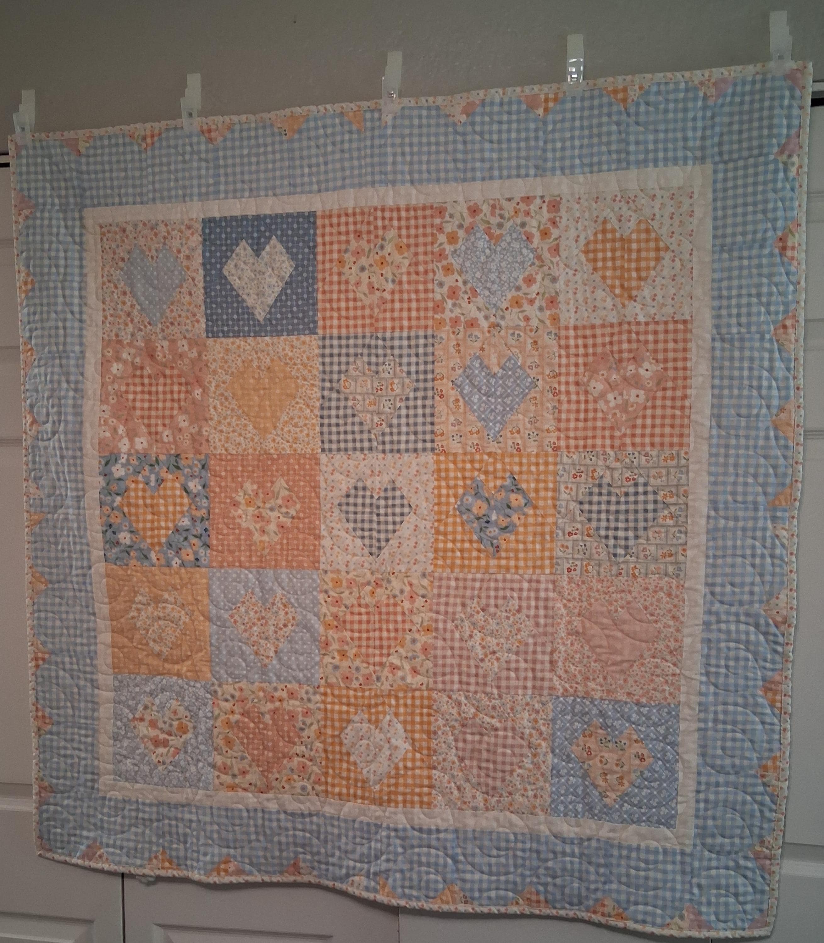 Delicate Heart Handmade Baby Quilt 100% Cotton Fabric (50" x 50") (Blue)