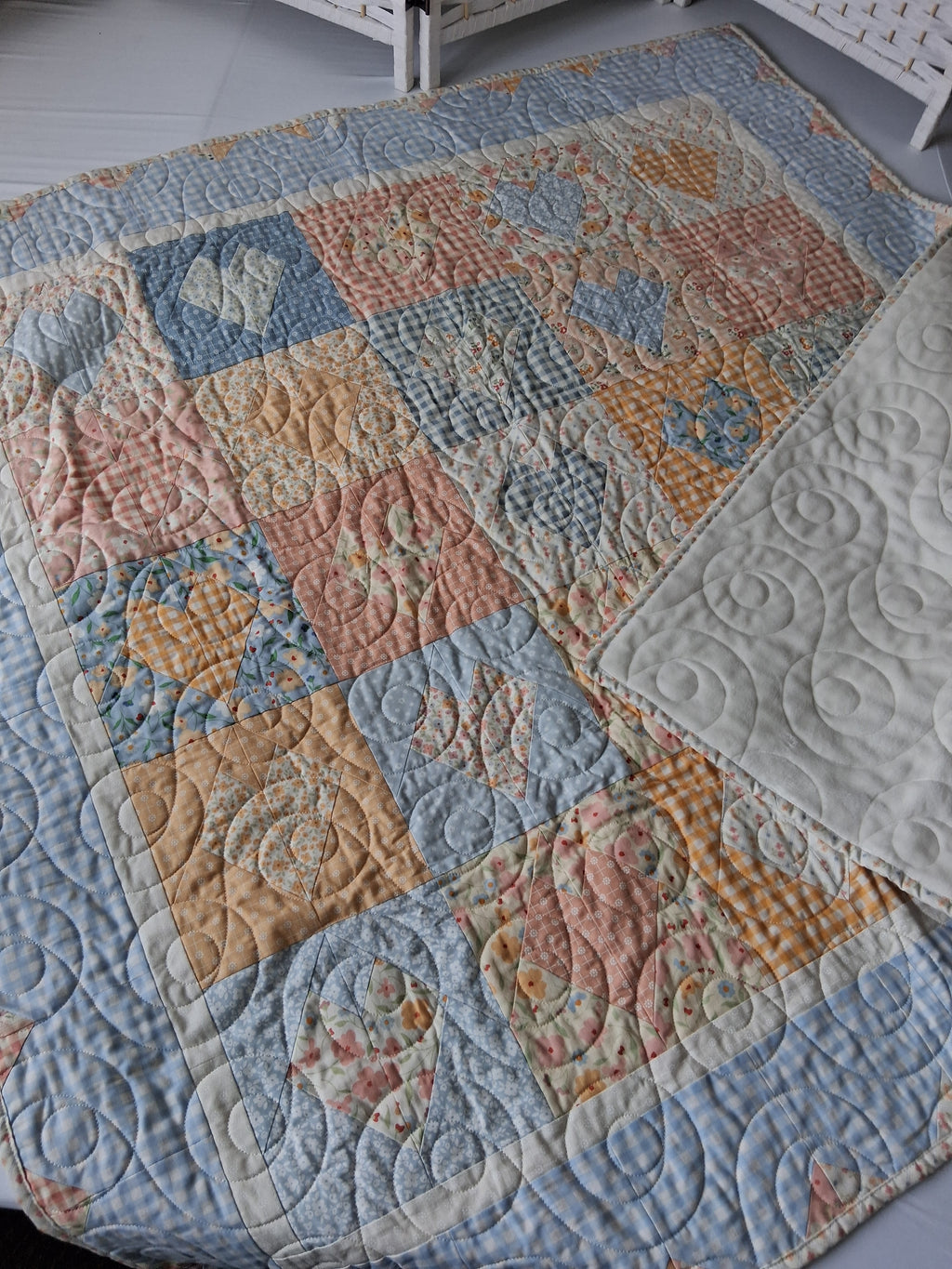 Delicate Heart Handmade Baby Quilt 100% Cotton Fabric (50" x 50") (Blue)