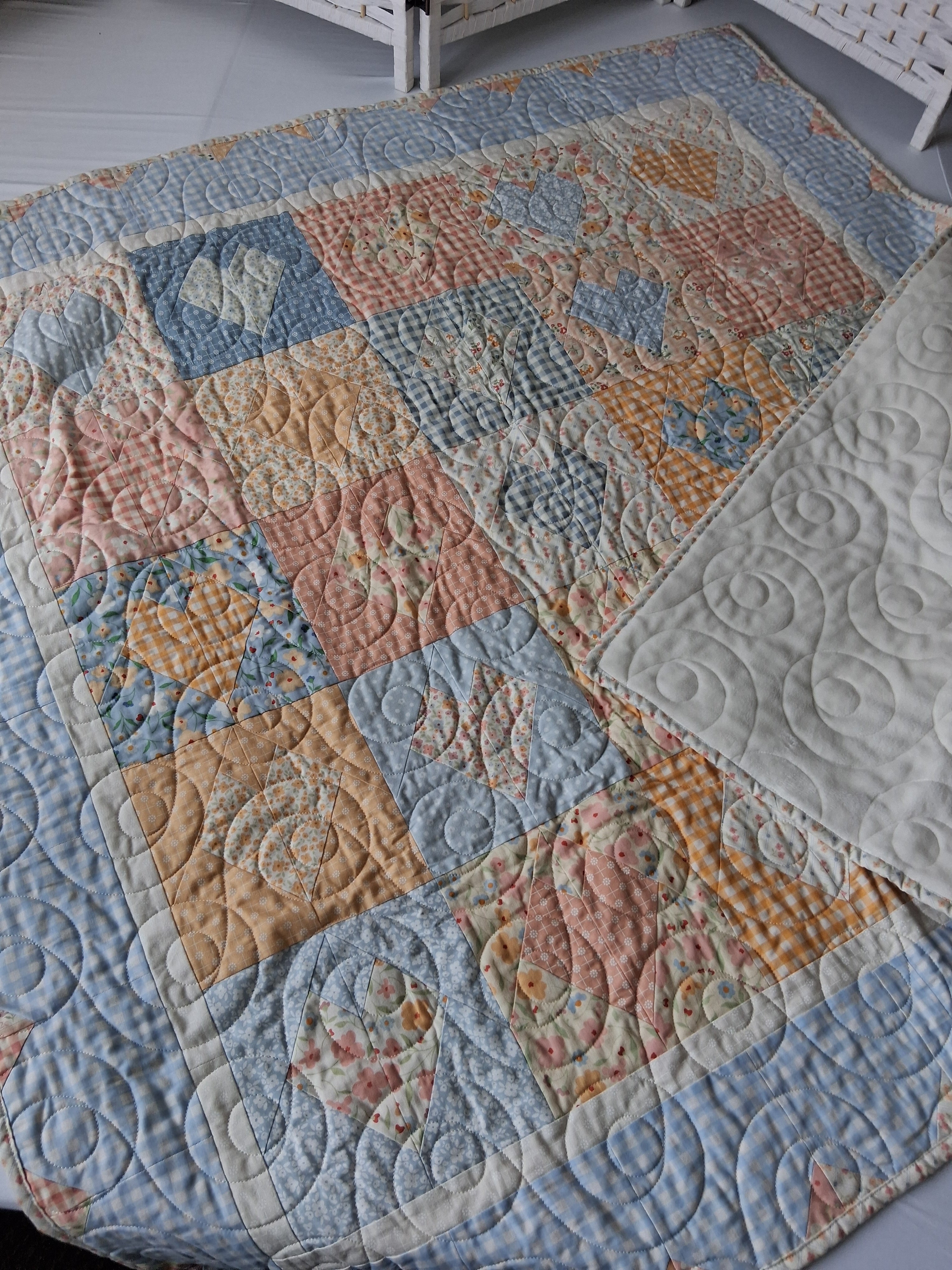 Delicate Heart Handmade Baby Quilt 100% Cotton Fabric (50" x 50") (Blue)