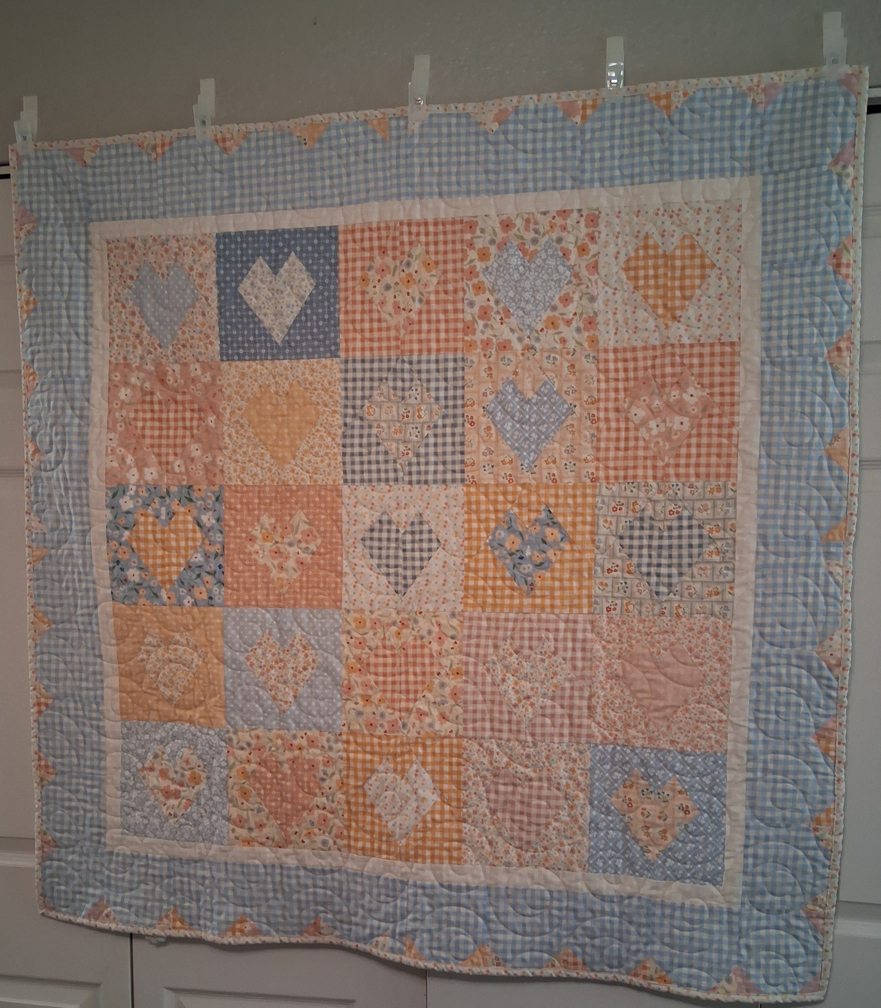 Delicate Heart Handmade Baby Quilt 100% Cotton Fabric (50" x 50") (Blue)