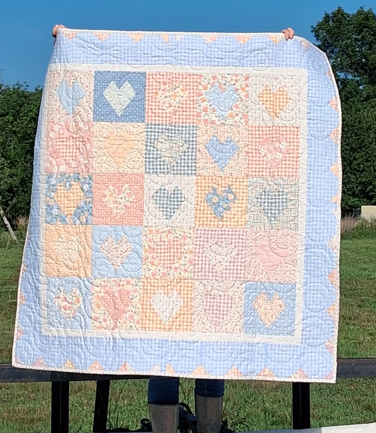 Delicate Heart Handmade Baby Quilt 100% Cotton Fabric (50" x 50") (Blue)