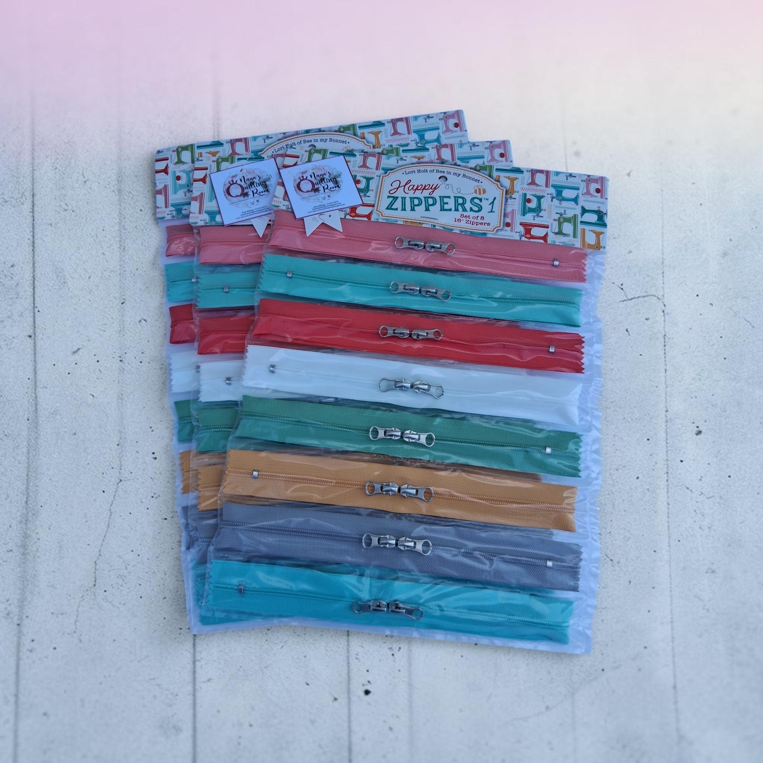 Lori Holt Happy Zippers - Set of 8 Double Pull 16" Zippers
